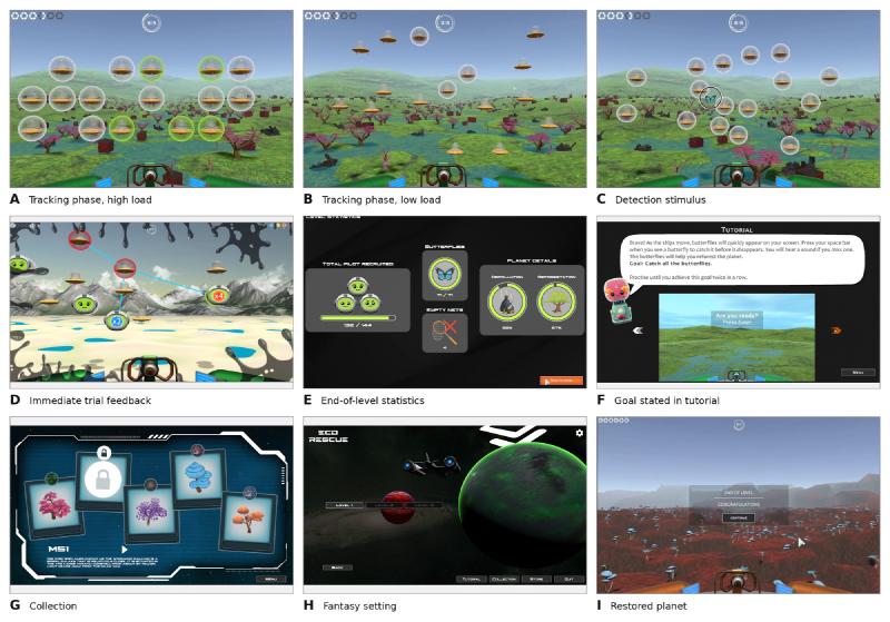 Nine screen captures from Eco-Rescue: tracking at high and low load, the butterfly to catch, trial feedback, level statistics, the tutorial, the card collection, level selection in the galaxy and a restored planet